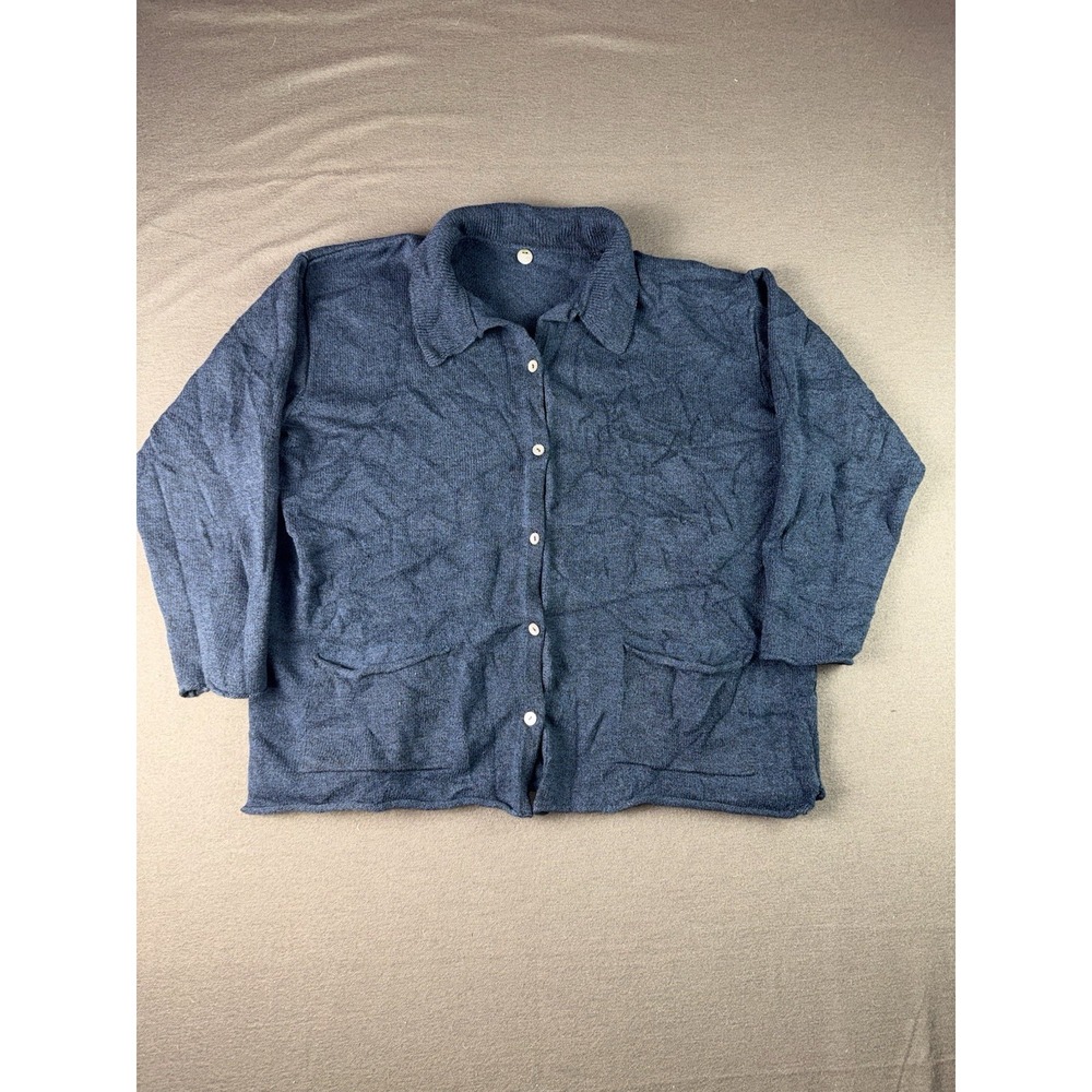 Margaret O’Leary Blue Knit Collared Cardigan Button Front Pockets Women’s Large